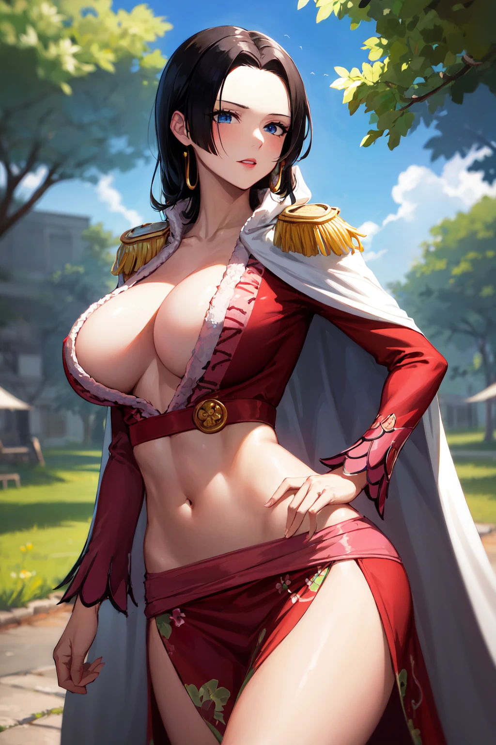 masterpiece, best quality, highres, hancock1, boa hancock, large breasts, epaulettes, cape, crop top, side slit, <lora:boa_hancock_v1:0.9>, cowboy shot, stading, outdoors,