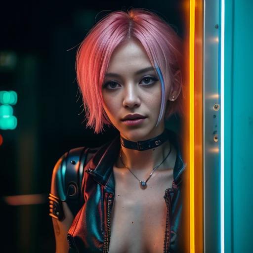 (close-up, editorial photograph of a 20 yo woman, cyberpunk prostitute, wearing miniskirt, in brothel, neon lighting) <lora:epiNoiseoffset_v2:1.2> <lora:destroyedportrait_200:0.1>, POV, by lee jeffries, nikon d850, film stock photograph ,4 kodak portra 400 ,camera f1.6 lens ,rich colors ,hyper realistic ,lifelike texture, dramatic lighting , cinestill 800,