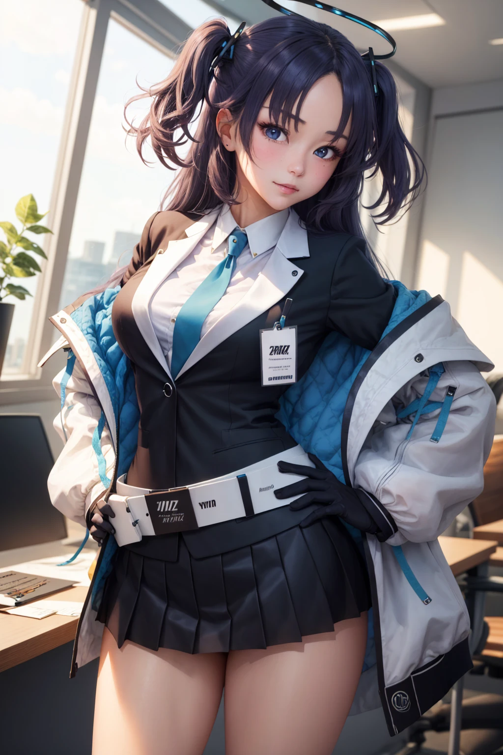 masterpiece, best quality, ultra-detailed, 1girl, yuuka, black jacket, white jacket, miniskirt, halo, upper body, black gloves, indoors, office, black skirt, hands on hip <lora:yuukaDefault>