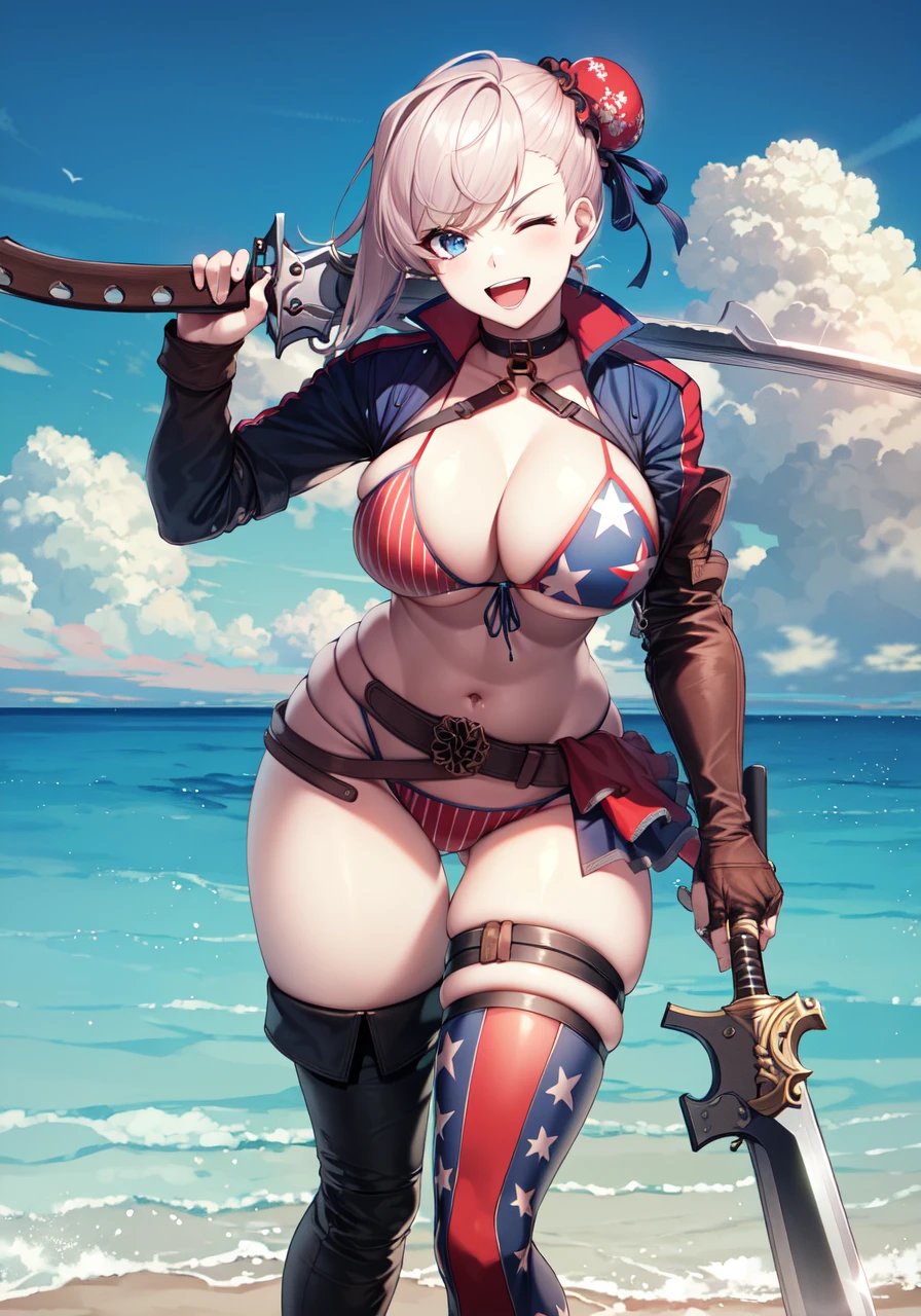 masterpiece, best quality, high resolution,
Berserker2, FlagPattern Clothing, 1girl, breasts, solo, weapon, one eye closed, gunblade, long hair, sword, sky, open mouth, smile, looking at viewer, blue sky, day, cloud, holding, holding weapon, ocean, belt, 
<lora:FGOMusashi:0.8>