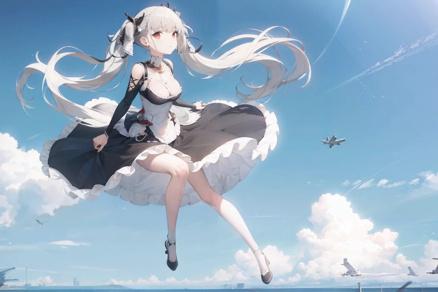 <lora:formidable_AzurLane_v2:1.0>, full body, looking at viewer, formidable_default, dress_default, solo, 1girl, floating hair, (flight deck, rigging), aircraft, airplane, roman numeral, clock,