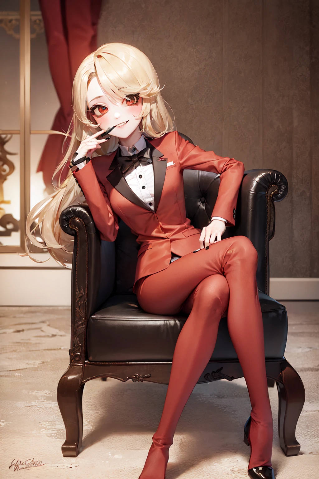 (masterpiece, best quality:1.2), <lora:hazbin_morningstar-10:0.8>, solo, 1girl, charlie morningstar, smile, looking at viewer, sitting in an armrest chair, long hair, red suit, red pants, hotel