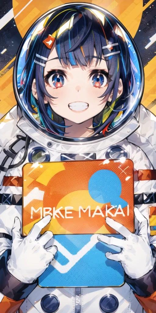 1girl, :d, astronaut, blue eyes, blush, double v, gloves, hands up, looking at viewer, colorful, multicolored eyes, open mouth, red eyes, smile, solo, space helmet, upper body, v, white gloves, hair ornament, spacesuit, bangs, grin, x hair ornament, hairclip, bow, black hair, teeth, blue hair, long sleeves, short hair, english text, blunt bangs, multicolored background, print shirt, halftone, print hair, <lora:mika_locon_v2a:1>