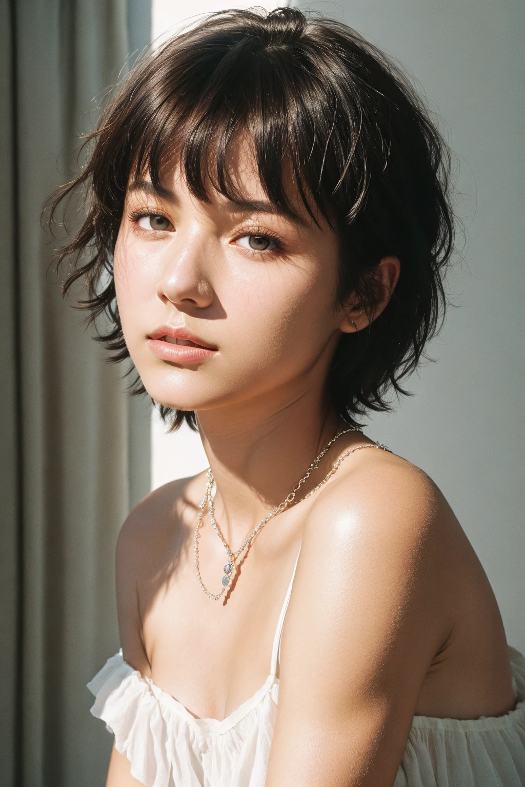 <lora:FilmGirl:0.65>, fashion photography portrait of 1girl, offshoulder, fluffy short hair, in the dark, shadow, low key, (photorealistic, raw photo:1.2), (natural skin texture, realistic eye and face details), CANNON, soft light, rim light, ultra high res, Best quality, masterpiece, necklace, (cleavage:0.8)