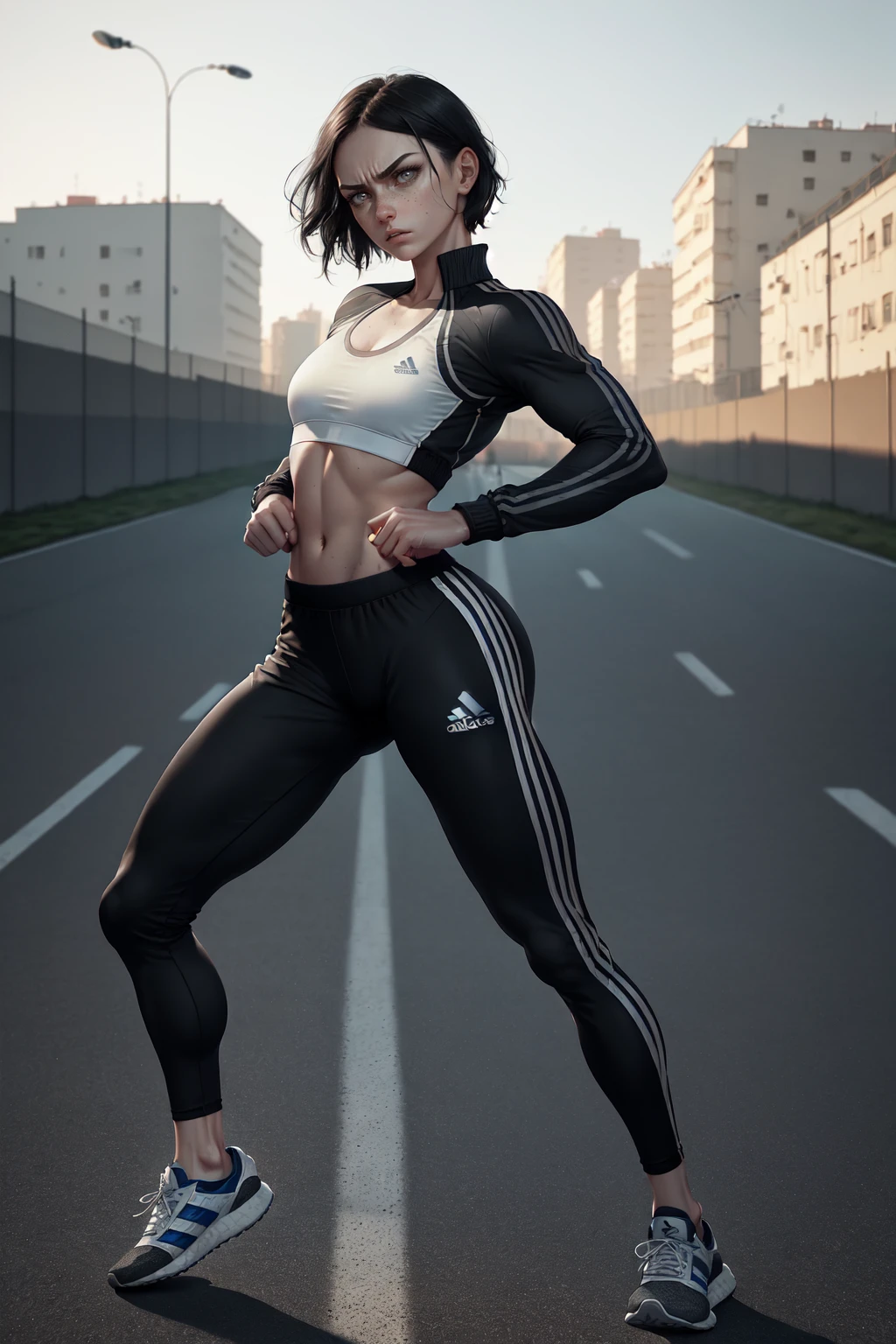 girl of Russian-Ukrainian roots, short hair, (black hair), grey eyes, thin waist, detailed eyes, detailed face, (look at viewer), (angry face),(freckles:0.7), ((correct hand anatomy)), ((natural skin texture)),
Perfect ass, (perfect body), attractive, (small breast:1.15), (does artistic gymnastics exercises),
Dressed in ((sports jacket, sports pants, Adidas)), (activity:1.2),
In the background (russian panel houses), sports ground, street, <lora:theAestheticsOfPanel_v105:0.4>
((full body, sharp focus)), (hyper realistic photo, best shadow, best illumination, dynamic light,redshift style),