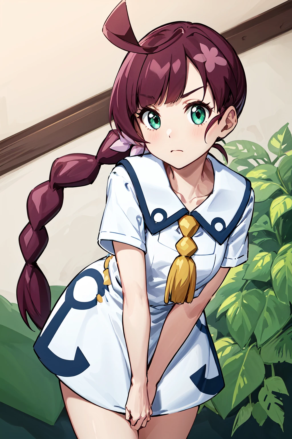 masterpiece, best quality, highres, chl1, 1girl, braided_ponytail, (ahoge:1.1), dress, school uniform, white dress, collared dress, collarbone, eyelashes, short sleeves, neck tassel, <lora:chloe_(pokemon)_v5:0.6>, from below, leaning forward, pointing at viewer, frown