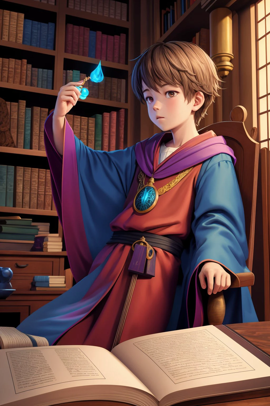 (masterpiece), (best_quality), (ultra-detailed), (illustration), (welcoming) 1boy, young wizard, colorful robes, sitting in his arcane study, reading an old book, bookshelves, potions, arcane apparatus<lora:GoodHands-alpha2:1>