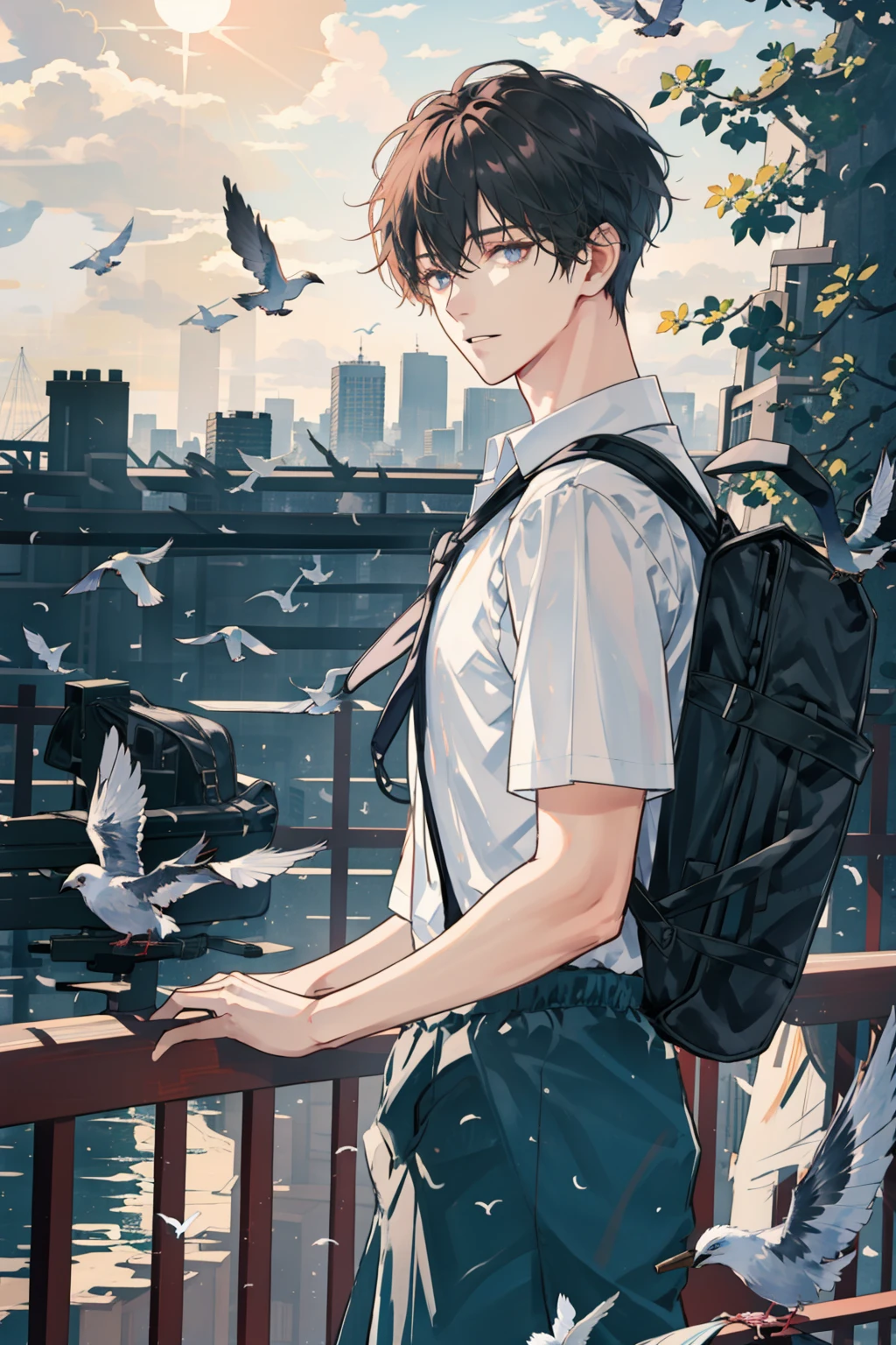 masterpiece, best quality, 1boy, male focus, handsome, residential area, fence, spindle trees, afternoon sun, the way home from school, school uniform, backpack, flock of birds, from directly side, depth of field