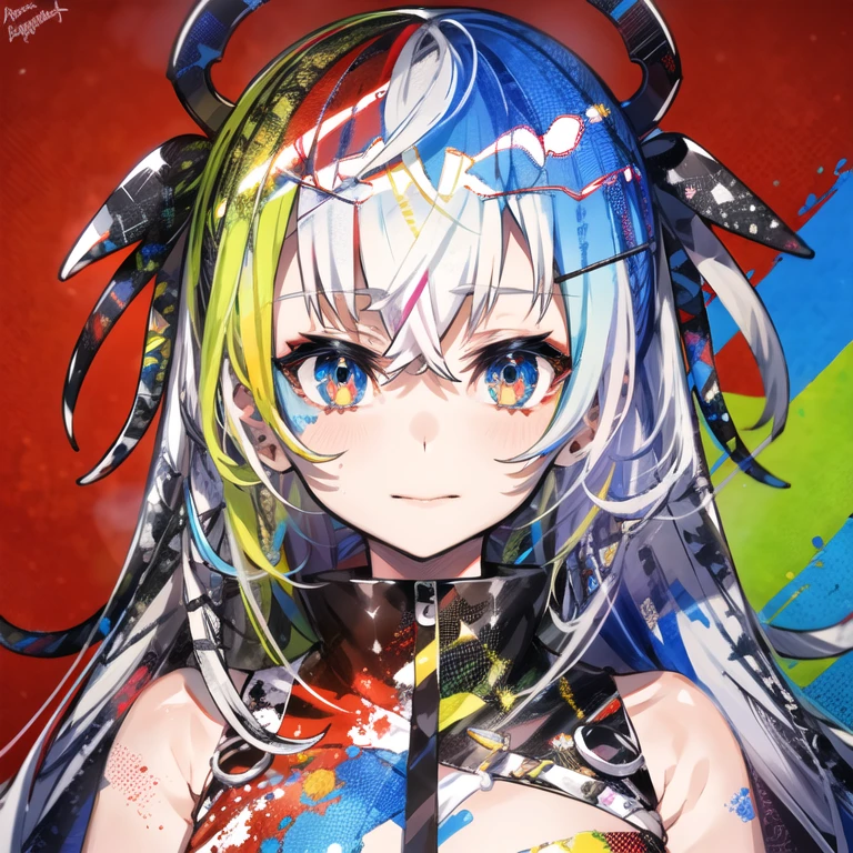 1girl, looking at viewer, colorful, multicolored hair, gradient hair, multicolored background, upper body, arms behind back, paint splatter, <lora:mika_locon_v2a:1>