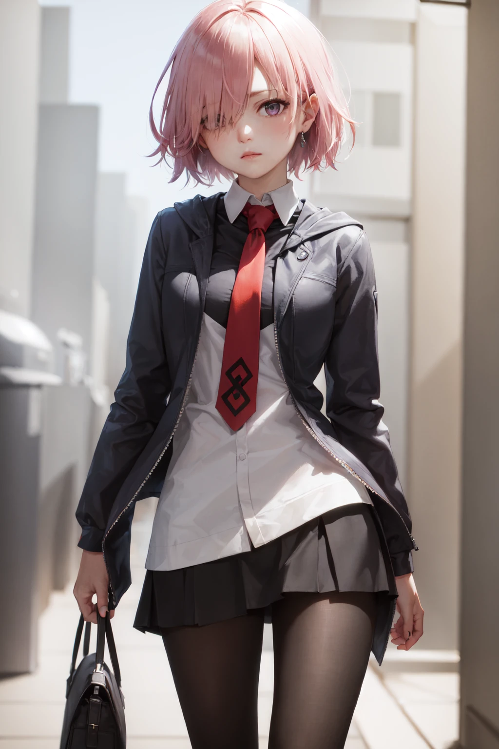 (masterpiece, best quality:1.2), <lora:fate_kyrielight-10:0.7>, cowboy shot, solo, 1girl, mash kyrielight, expressionless, closed mouth, looking at viewer, pink hair, hair over one eye, jacket, dress, necktie, pantyhose