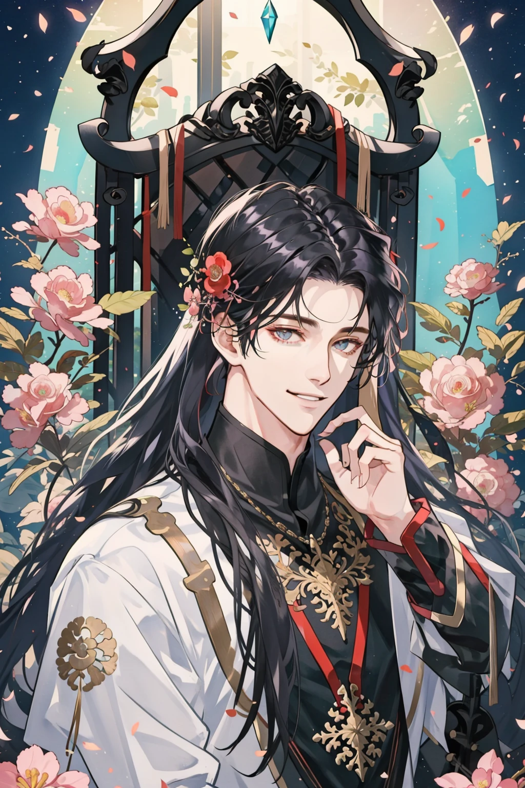 masterpiece, best quality, 1 male, adult, handsome, tall muscular guy, white long hair, fantasy, complex pattern, detailed face, throne, upper body, best ratio four finger and one thumb, rainbow effect, prism, spring, flower, smile