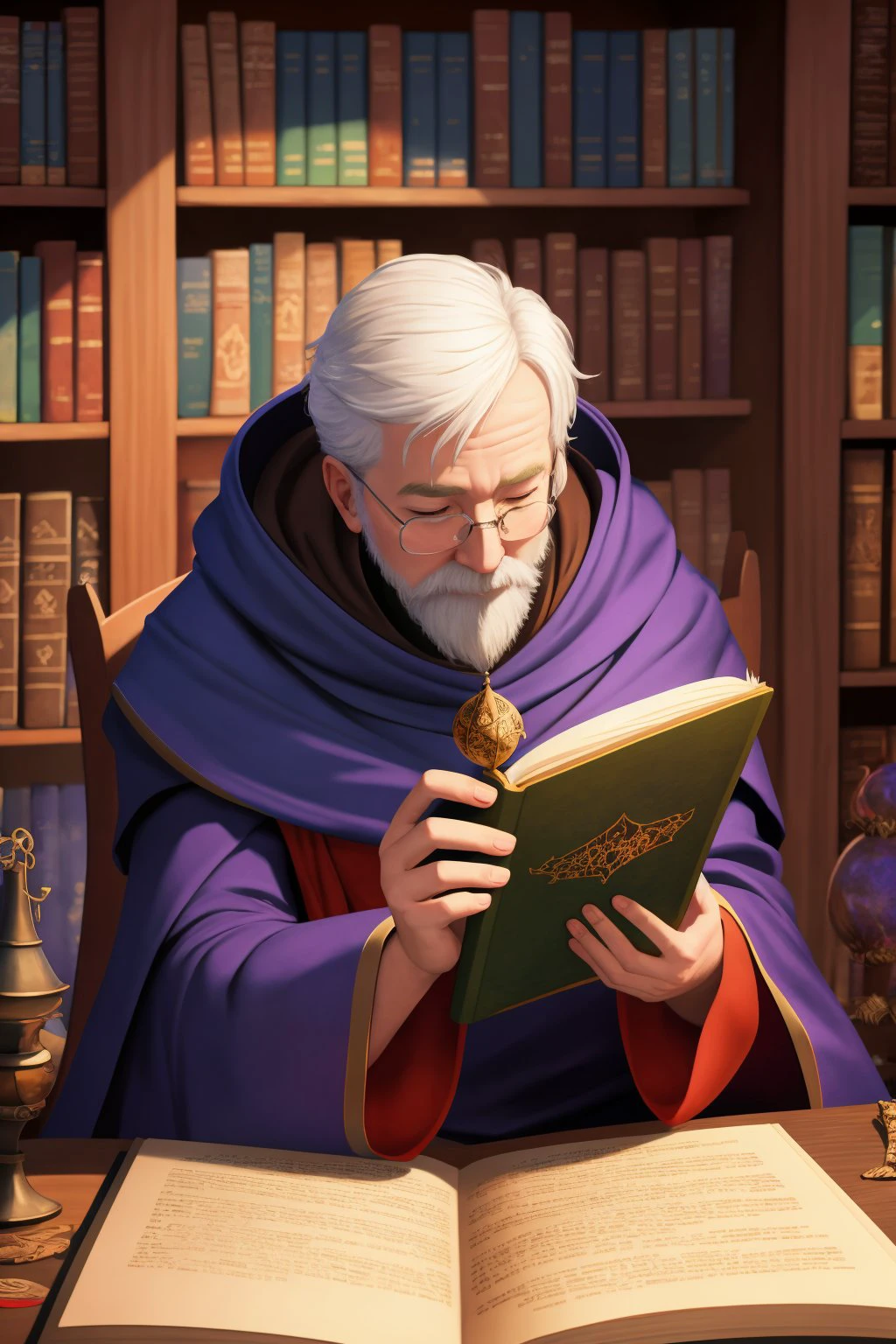 (masterpiece), (best_quality), (ultra-detailed), (illustration), (welcoming) 1boy, wizard, age 25, colorful robes, sitting in his arcane study, reading an old book, bookshelves, potions, arcane apparatus<lora:GoodHands-alpha2:1>