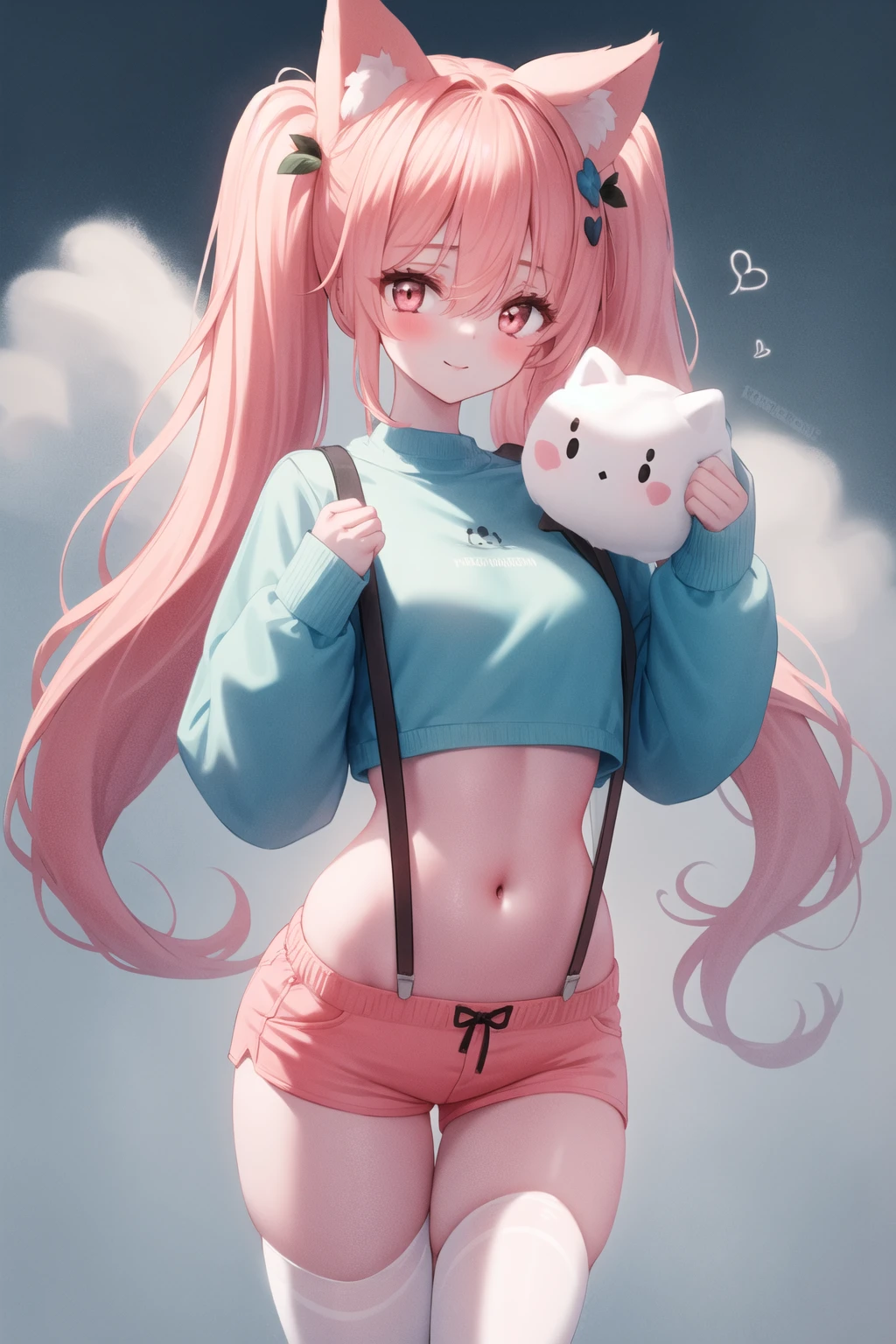 <lora:tando-style_v5.3:1>
1girl, solo, long hair, looking at viewer, blush, bangs, shirt, hair ornament, red eyes, thighhighs, long sleeves, ribbon, bow, navel, animal ears, hair between eyes, twintails,  very long hair, underwear, closed mouth, pink hair, flower, hoge, parted lips, puffy sleeves, white thighhighs, animal ear fluff, sleeves past wrists, hands up, hair intakes, blue shirt, puffy long sleeves, oversized clothes, sweater, shorts, hearts, pet, animal on shoulder, loose clothes, cloud pet, toy, marshmallow background, smile, birds, suspenders, pink shorts, shirt logo, masterpiece, best quality, highly detailed