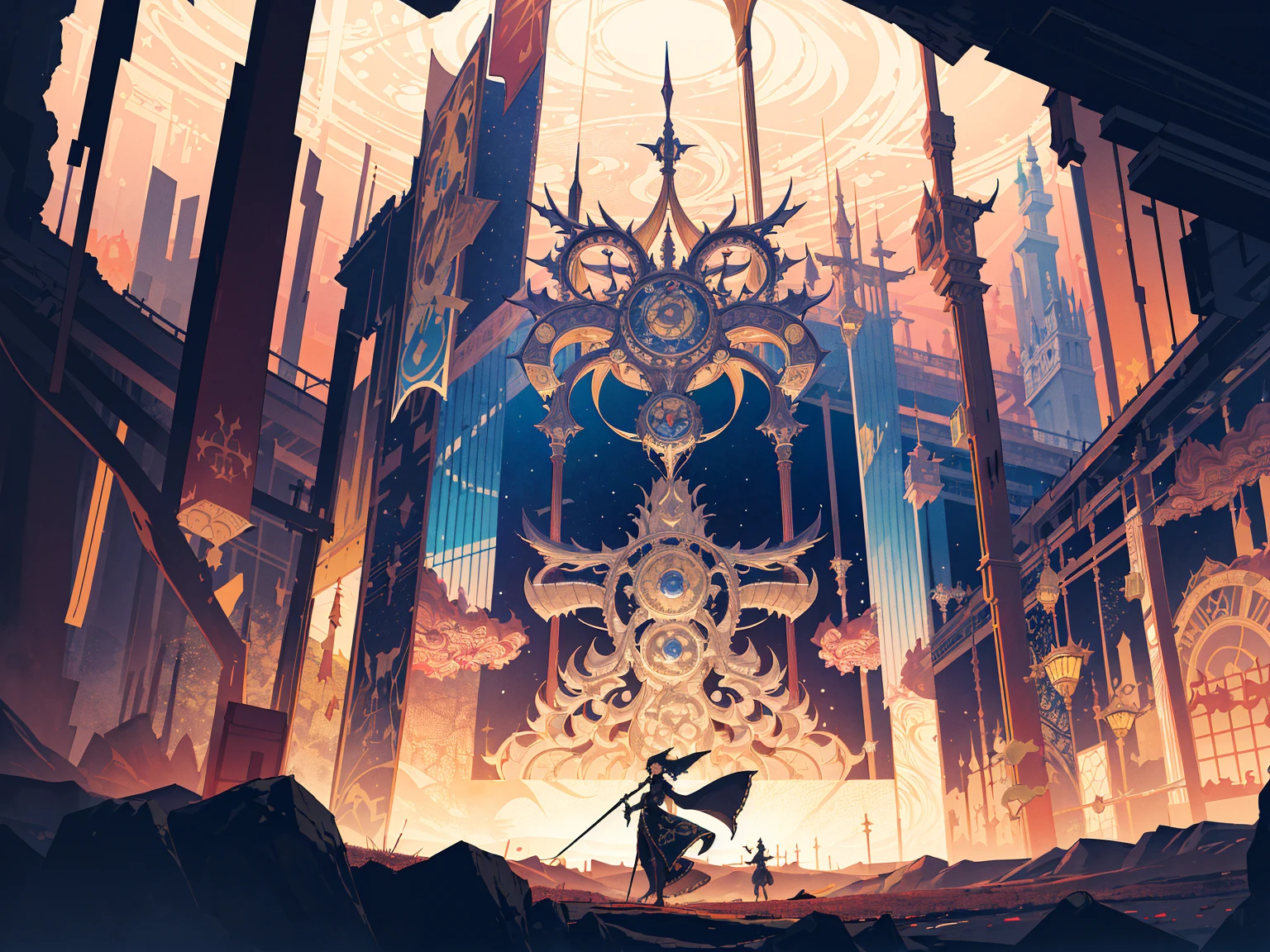 (wide shot:1.3),(panorama:1.3),detailed background,(Doreen style, ornate patterns, rich colors, intricate details, fantasy-inspired, surreal atmosphere, otherworldly visuals:1.5),[:(cel shading, (bold outlines:1.2), flat colors, sharp shadows, graphic style, manga influence, clean linework, striking visuals:1.6):15]
BREAK
(wide shot:1.3),(panorama:1.3),Maximalism,absurdres absolutely resolution,masterpiece,best quality,(1girl:0.7),