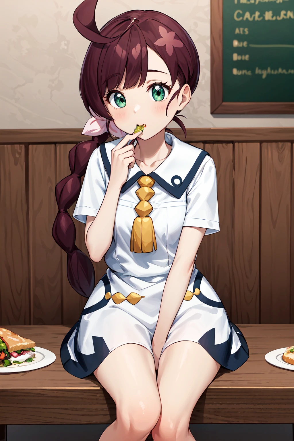 masterpiece, best quality, highres, chl1, 1girl, braided_ponytail, (ahoge:1.1), dress, school uniform, white dress, collared dress, collarbone, eyelashes, short sleeves, neck tassel, <lora:chloe_(pokemon)_v5:0.6>, cafe, sitting, eat, table, food,