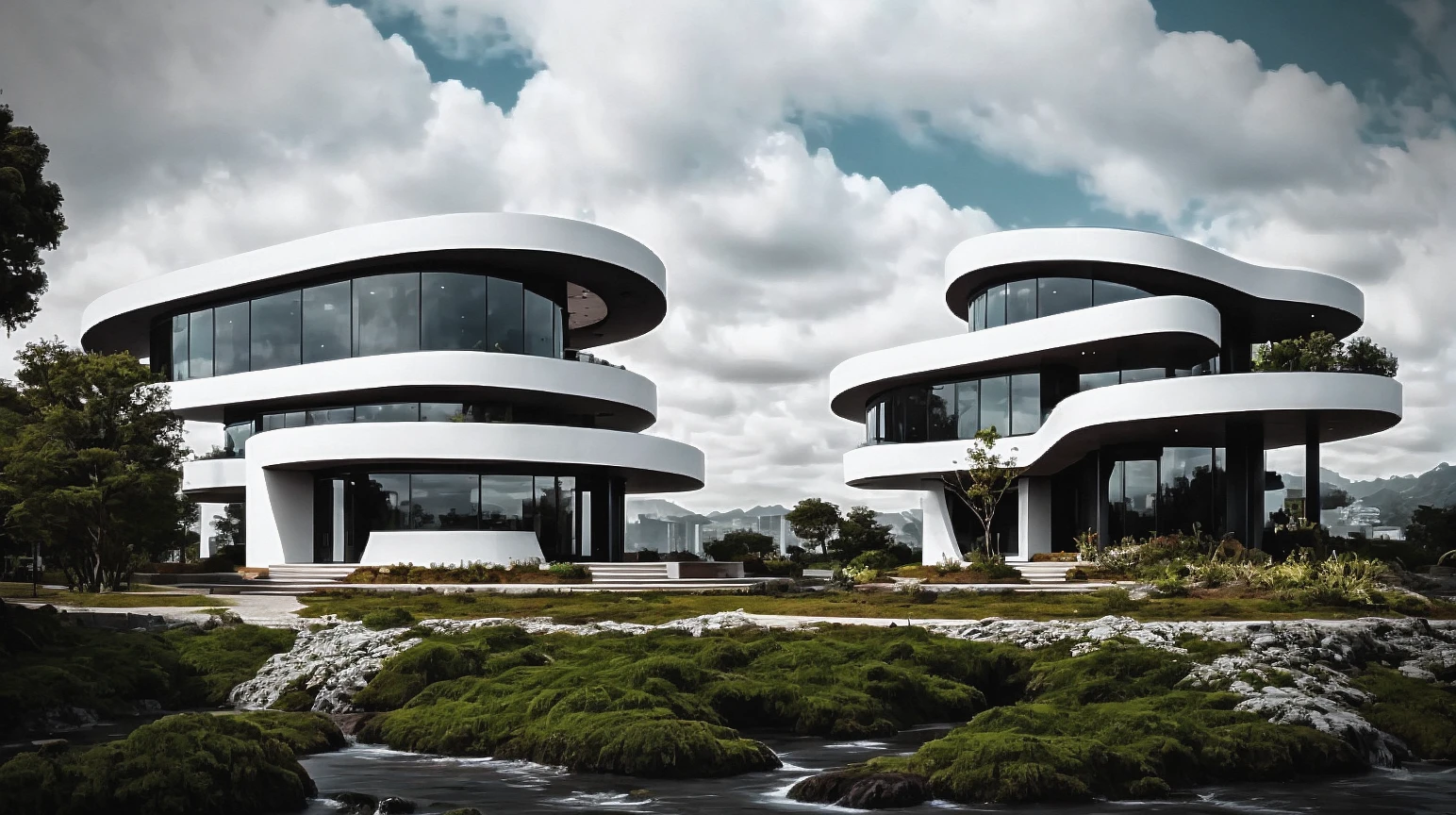 <lora:mid_buildings_yiu_v1:0.8>, house, hi-tech building, cyberpunk, military armor house, white materials, (modern style:1.4), raw, photo, vegetation