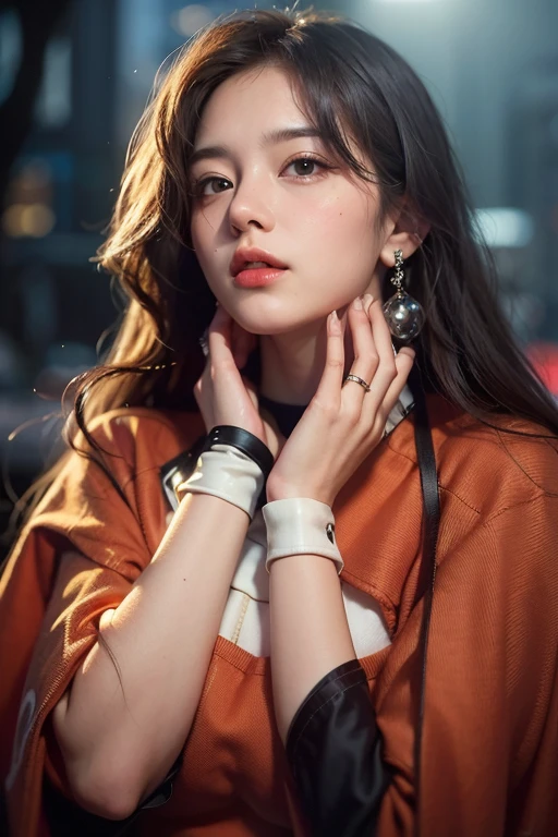 <lora:GirlfriendMix2:1.5>,
1girl, Tokyo street,night, cityscape,city lights, upper body,close-up, 8k, RAW photo, best quality, masterpiece,realistic, photo-realistic,