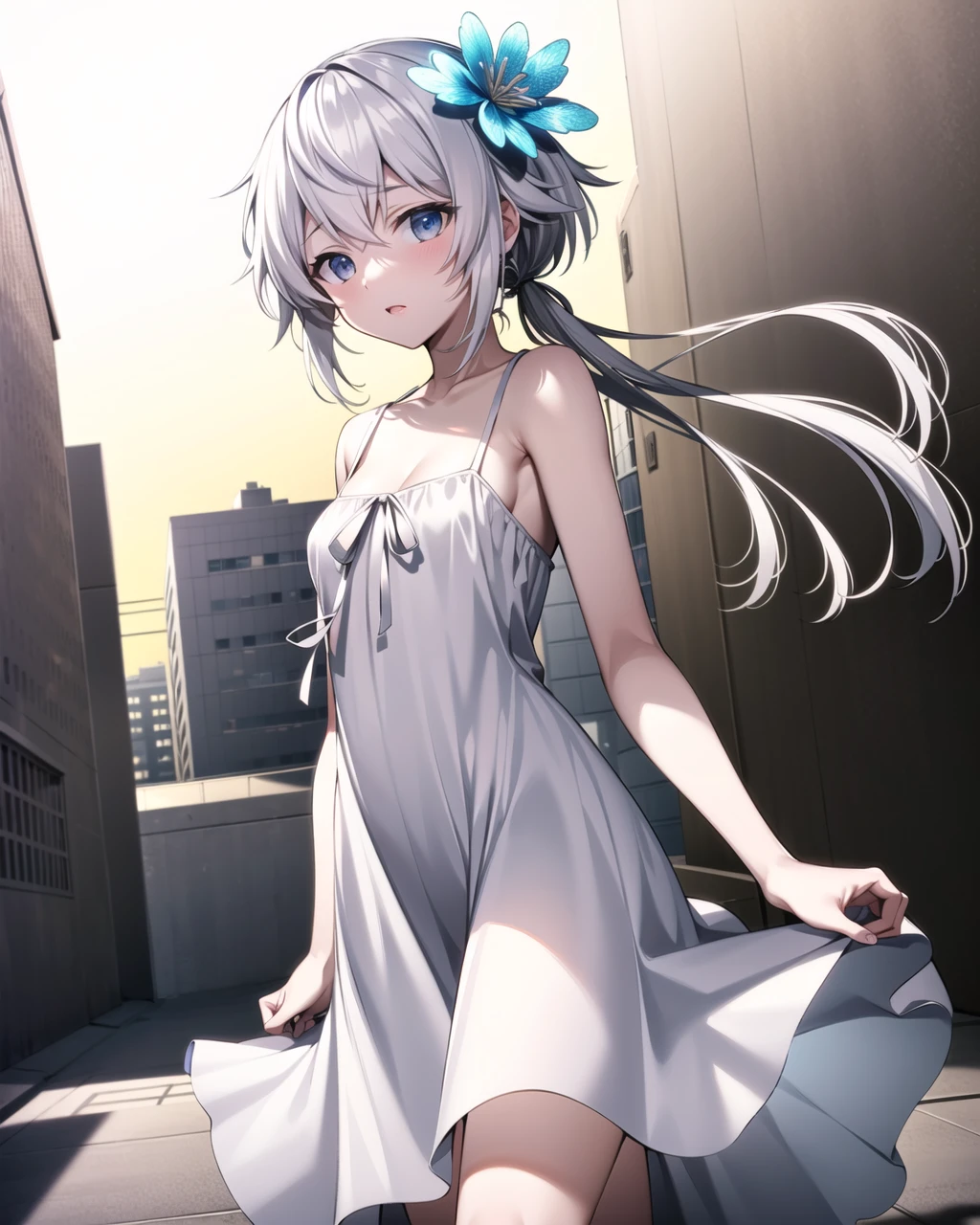 ((masterpiece)), ((best quality)), ((highres)), ((detailed background)), ((extremely detailed CG unity 8k wallpaper)), solo, cowboy shot, <lora:philia:0.8>, philia, hair ornament, ((white sundress)), city streets, sunny, walking, ((looking around))