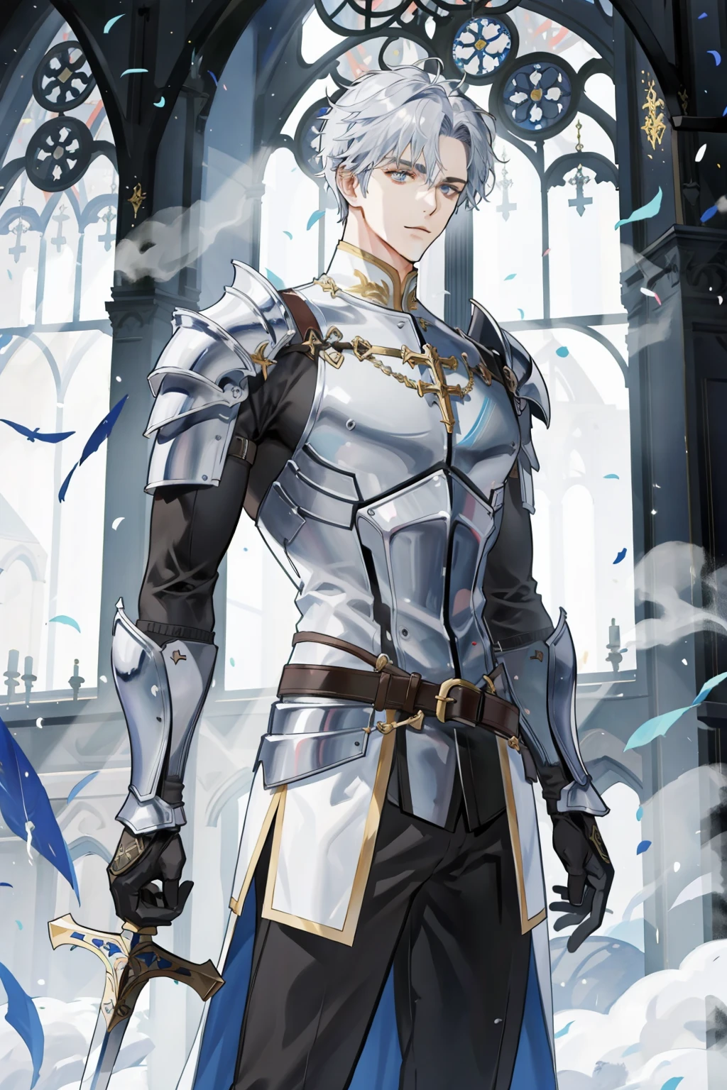 masterpiece, best quality, 1man, male focus, handsome, mature, tall muscular guy, short silver hair, knight, armor, large sword, holy, cathedral, religious, sublime, battleground