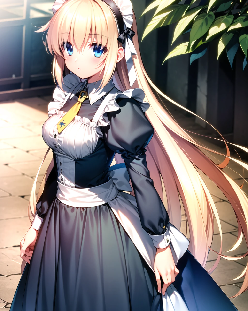((masterpiece)), ((best quality)), ((highres)), ((detailed background)), ((extremely detailed CG unity 8k wallpaper)), solo, <lora:shiona:0.8>, shiona, blonde hair, long hair, blue eyes, hair tuft, cowboy shot, outdoors, ((maid outfit))