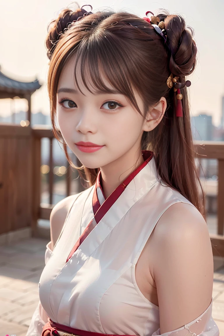 (ultra high res,photorealistic,realistic,best quality,photo-realistic), (high detailed skin,visible pores),(real person,fashion photography portrait,photograph), (((hanfu,chinese style))),realistic,simple background,upper body, (8k, raw photo, best quality, masterpiece),(1 girl),photon mapping, radiosity, physically-based rendering,automatic white balance,(((haunting smile,long hair))),watery eyes, (blush|cute and playful|adorable|skinny|thick bangs|beauty|twintail|hair bun,),(looking at viewer),(irises and pupils are rounded,the pupil reflects the surroundings,eyes are not the same size),<lora:Pure_Innocent_girl2:0.5>