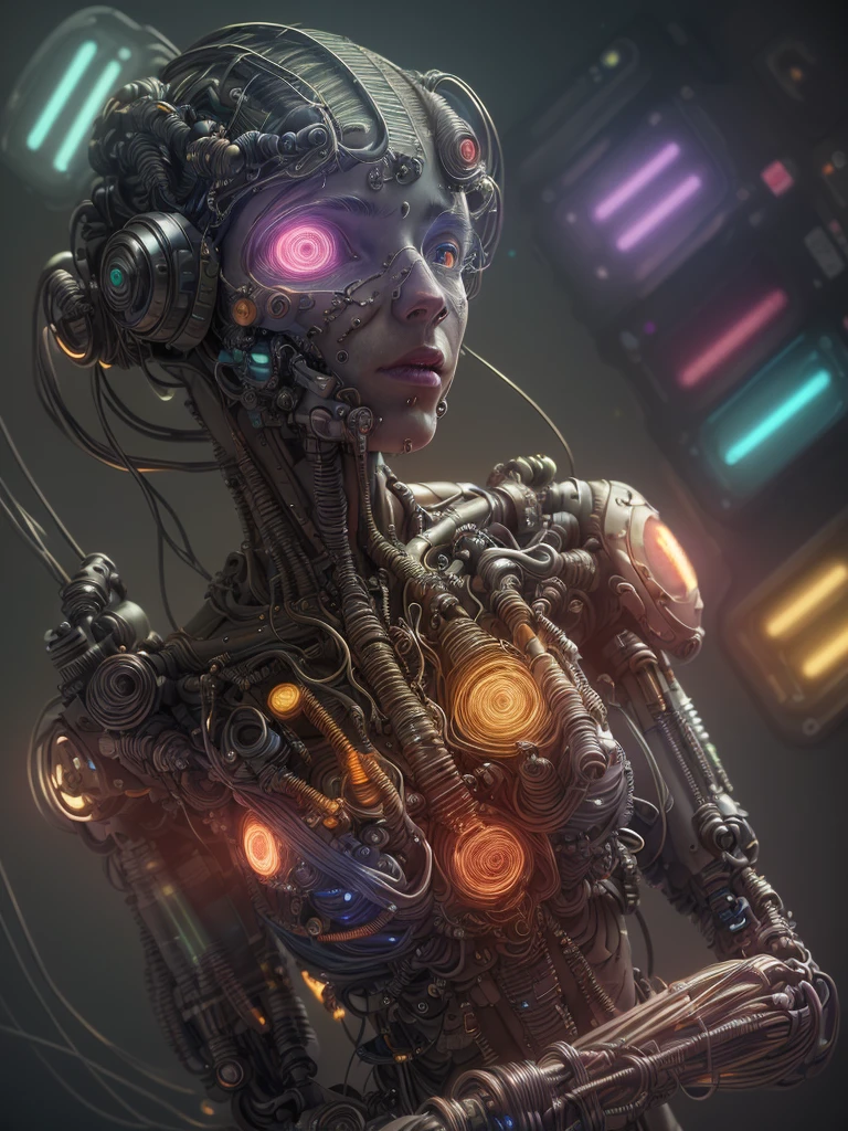 [award winning photo portrait of a cute smile girl standing outside a cyberpunk neon city street:award winning photo of a cyborg, bundle of glowing fiber optic cables:0.2], epic realistic, art, (hdr:1.2), (muted colors:1.2), pastel, hyperdetailed, (artstation:1.5), warm lights, dramatic light, (intricate details:1.2), vignette, complex background