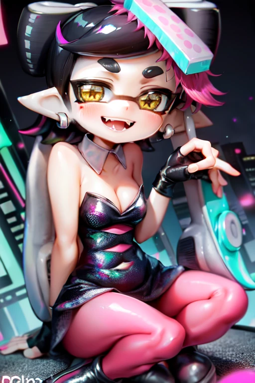 masterpiece, best quality, splatoon, (callie:1.2), cyberpunk city background, bust, cleavage, awkward smile, looking at viewer, cross legged, hand up, fingers spread, solo, tentacle hair