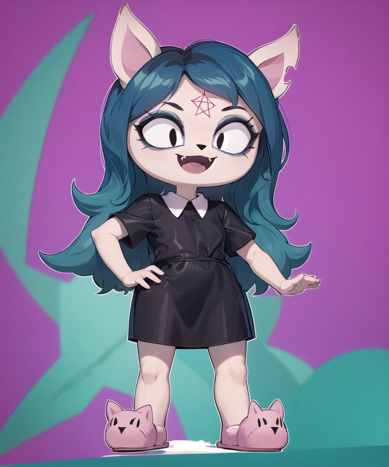 claire, furry catgirl, white fur, petite, blue long hair, parted bangs, fangs, black eyes, slit pupils, :3, pentagram forehead mark, black collared dress, short sleeves, pink animal slippers, cat ears, cat nose,
open mouth, smile,  standing, solo, full body, white outline, purple background, (masterpiece), best quality <lora:claire_summoning-10:0.85>