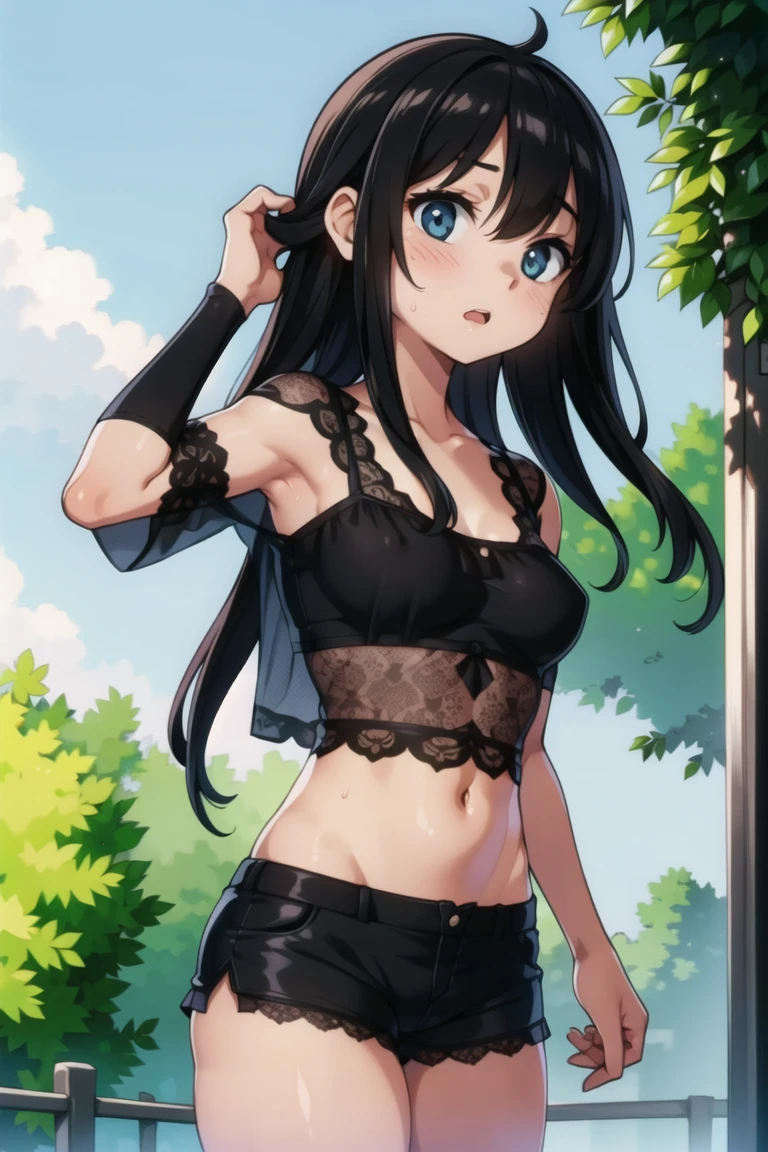 girl, contrast, (Waking Up), (black Lace Top,lime Shorts:1.3), (outdoors,Future:1.4) <lora:floaty_anime_v2:0.6>