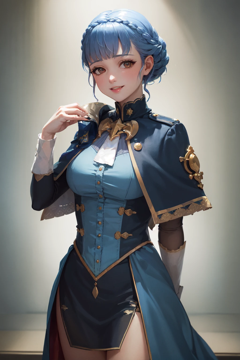 (masterpiece, best quality:1.2), <lora:fireemblem_marianne-10:0.8>, cowboy shot, solo, 1girl, marianna von edmund \(alt\), smile, looking at viewer, official alternate hairstyle, official alternate costume, blue dress, capelet
