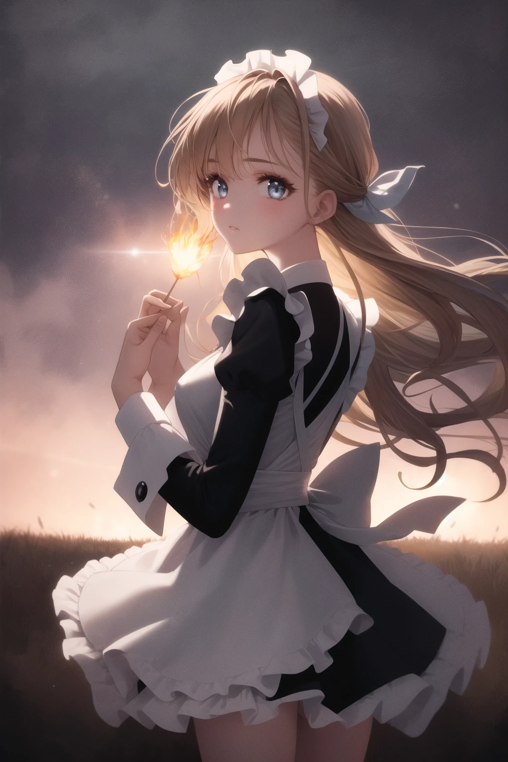 <lora:tando-style_v5.3:1>
1girl, looking back, maid, magical girl, lightning, backlighting, rimlight, wind, depth of field, serious, floating hair, light particles, fireflies, dreamy eyes, looking at viewer, dark sky, dark clouds, perspective, creature, lens flare, hands at sides, destruction,  holding,, masterpiece, best quality, highly detailed