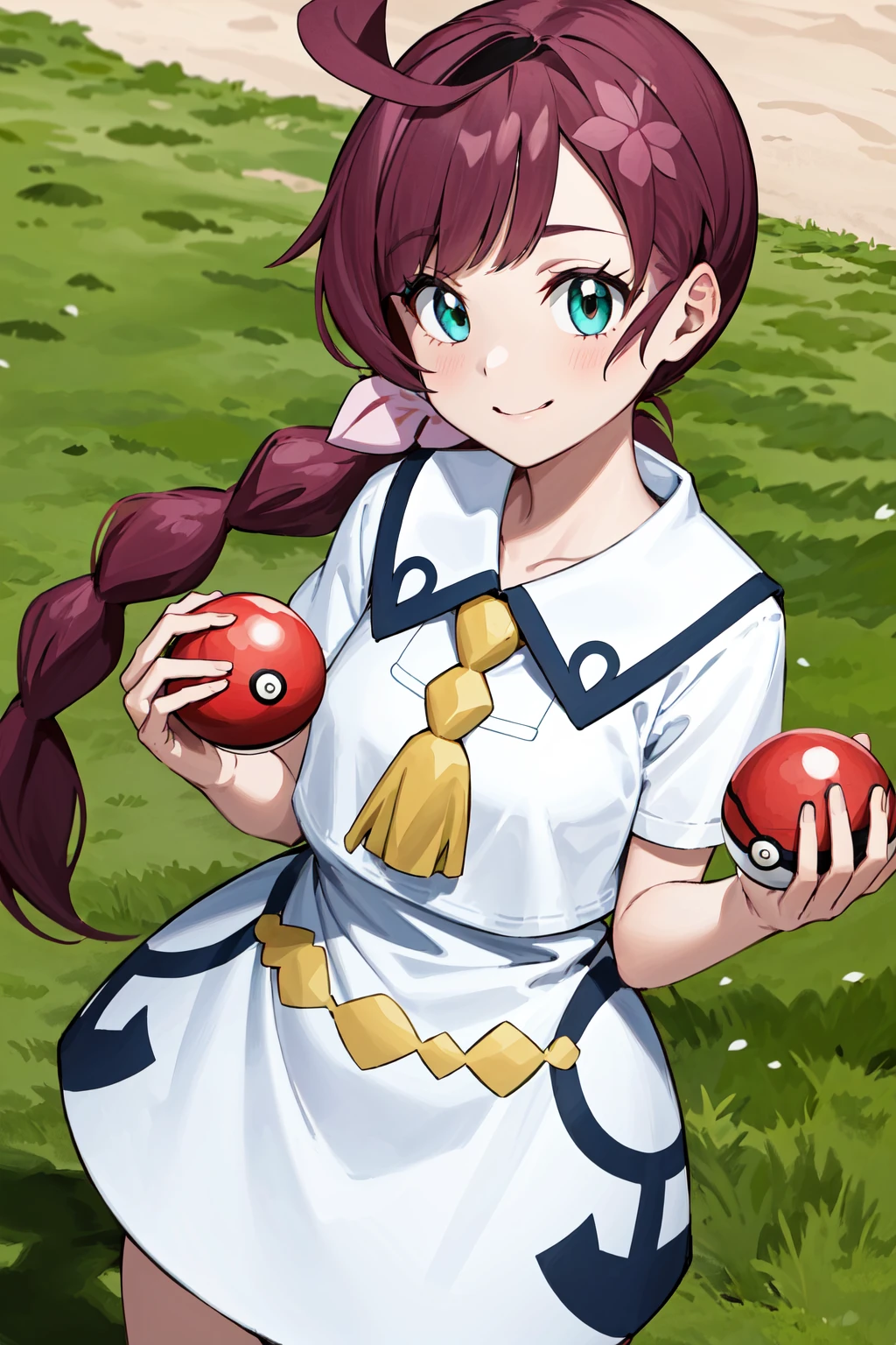masterpiece, best quality, highres, chl1, 1girl, braided_ponytail, (ahoge:1.1), dress, school uniform, white dress, collared dress, collarbone, eyelashes, short sleeves, neck tassel, <lora:chloe_(pokemon)_v5:0.6>, (holidng pokeball), poke ball, smirk,