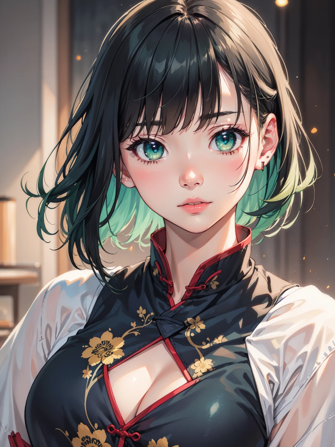 ((photorealistic:1.4)), finely detail, full-body shot, detailed full body features, ((1 girl)), ((solo)), ((extremely detailed face)), chinese girl, ((short straight hair)), ((black hair, bangs)), ((green hair)), perfect lighting, masterpiece, best quality, ultra-detailed, kawaii, chest, long hanfu, light, color, texture, detail, beauty, wonder, colorful, shuimobysim