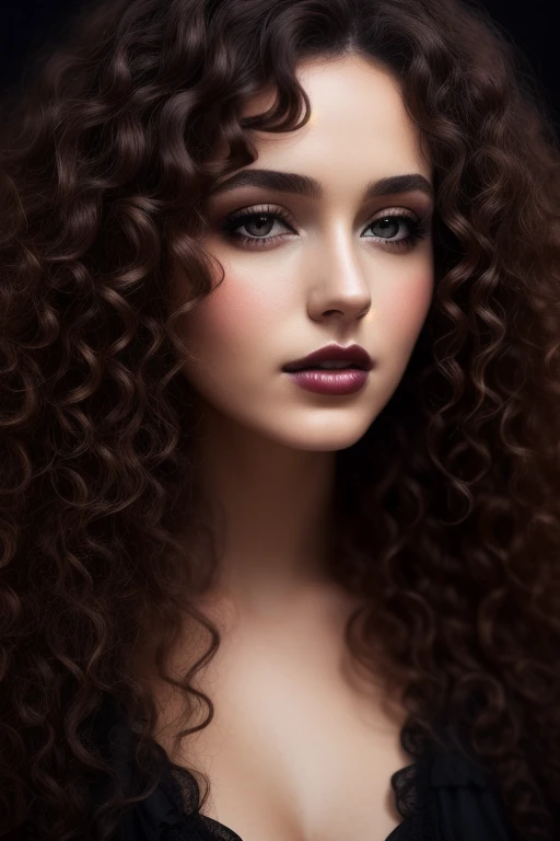 beautiful lady, curly hair, dark makeup, hyperdetailed photography, soft light, head and shoulders portrait, cover