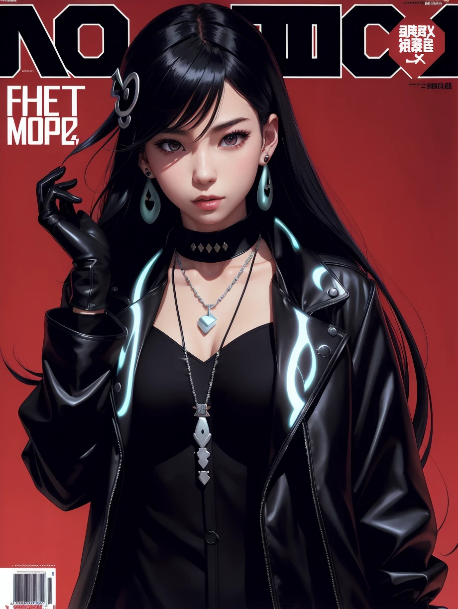 magazine scan,(magazine cover:1.2), cover text, text,( magatama necklace:1.1), wlop, 1girl, black gloves, black open jacket, character request, commentary, earrings, double v, jewelry, long hair, looking down, perfect flowing hair, solo