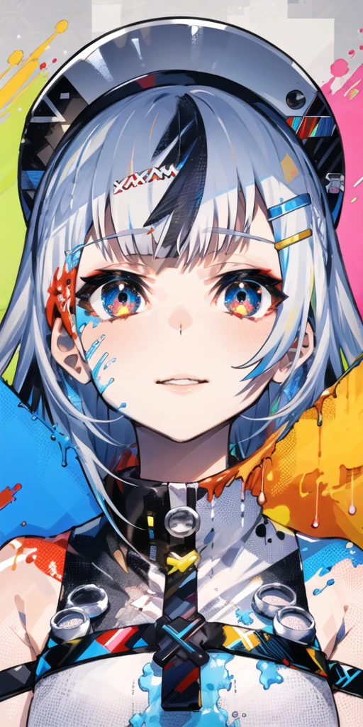 1girl, solo, multicolored hair, colorful, multicolored background, print headwear, paint splatter, paint splatter on face, glitch, white dress, hair ornament, hairclip, splashing, parted lips, streaked hair, white hair, blonde hair, black hair, blue hair, reflection, multicolored eyes, <lora:mika_locon_v2a:1>