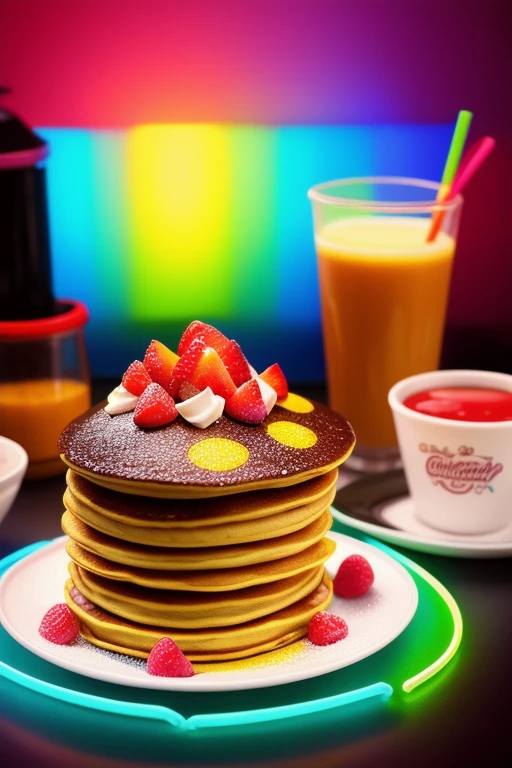 analog film, colorful pancakes, neon lights background, food photography, award winning photograph, intricate detail, hyper realism, super real, insane realistic, appetizer, appetite, delicious, cute, kawaii, UHD, studio lighting