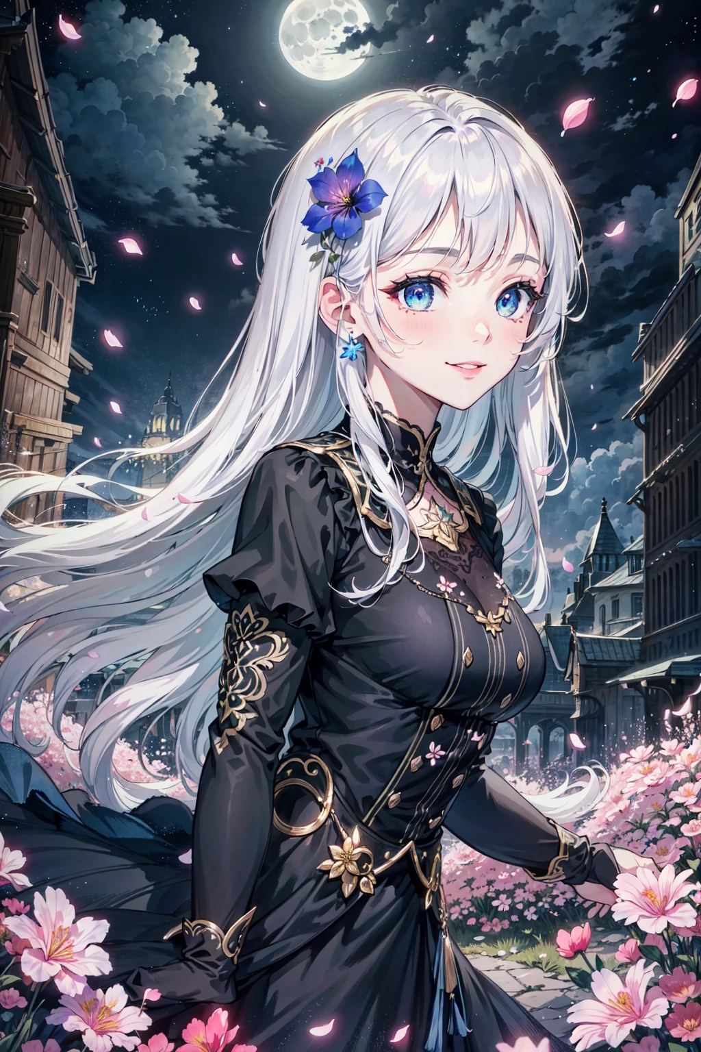 masterpiece, best quality,
1girl, (colorful),(finely detailed beautiful eyes and detailed face),cinematic lighting,bust shot,extremely detailed CG unity 8k wallpaper,white hair,solo,smile,intricate skirt,((flying petal)),(Flowery meadow)
sky, cloudy_sky, building, moonlight, moon, night, (dark theme:1.3), light, fantasy,