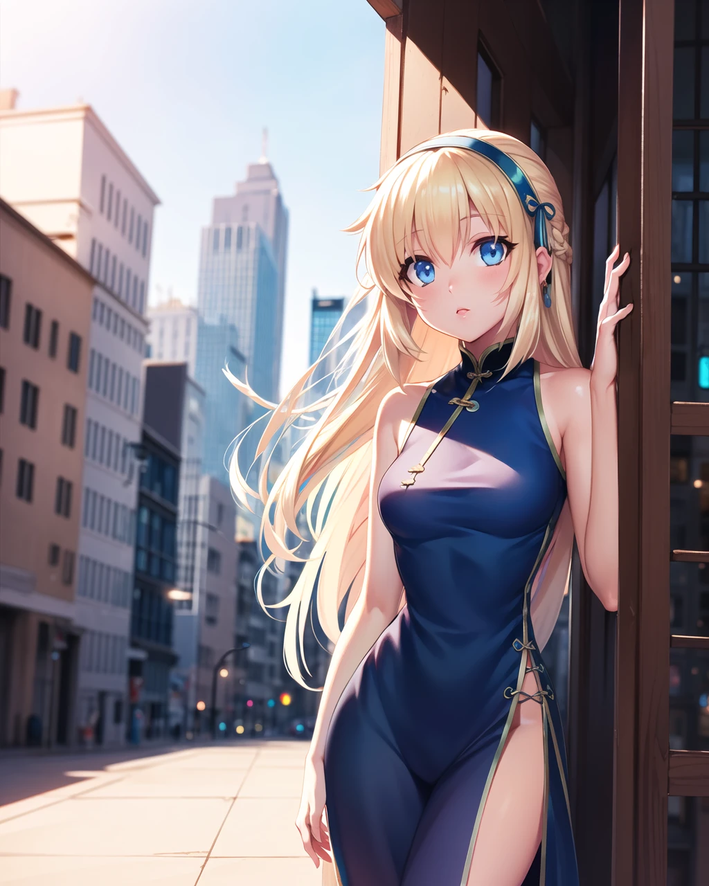 ((masterpiece)), ((best quality)), ((highres)), ((detailed background)), ((extremely detailed CG unity 8k wallpaper)), solo, ((city)), sunny, <lora:shiona:0.9>, shiona, blonde hair, long hair, blue eyes, hair tuft, cowboy shot, ((cheongsam))