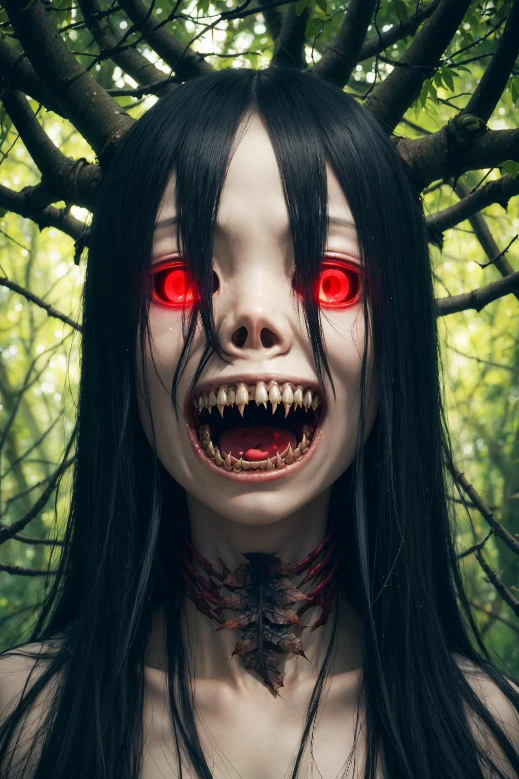 frightful, horror, demons, (sexy:1.1), bare tree, branch, forest, sharp teeth, plant, monster girl, nature, glowing, solo, checkered, skull, horror \(theme\), outdoors, looking at viewer, open mouth, red eyes, skeleton, glowing eyes, palm tree, leaf, feathers, female focus, animal, vines, fangs, sky, nsfw, Voodoo, Nightmares, Junji Ito, cowboy shot, Flesh and blood, Pouncing on the viewer, <lora:Velvia2:0.2>