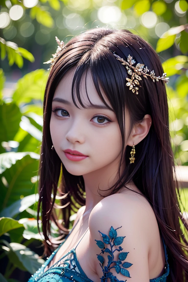 fashion photography portrait of blue human avatar, in blue lush jungle with flowers and birds,symetrical, smile, 3d render, cgi, octane render, 35mm, bokeh, 9:16, (intricate details:1.12), hdr, (intricate details, hyperdetailed:1.15), (natural skin texture, hyperrealism, soft light, sharp:1.2), <lora:Pure_Innocent_girl2:0.5>