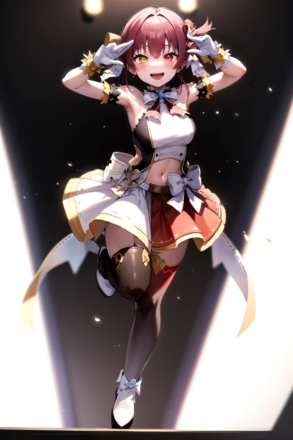 2d, masterpiece, best quality, anime, highly detailed, full body, 1girl, solo, marine_idol, hololive idol uniform, white bow, white gloves, red ribbon, red bowtie, layered skirt, navel cutout, mismatched legwear, red thighhighs, black thighhighs, heterochromia, red eyes, yellow eyes, BREAK stage, red lights, dynamic pose, smile <lyco:senchou_special-10:1>