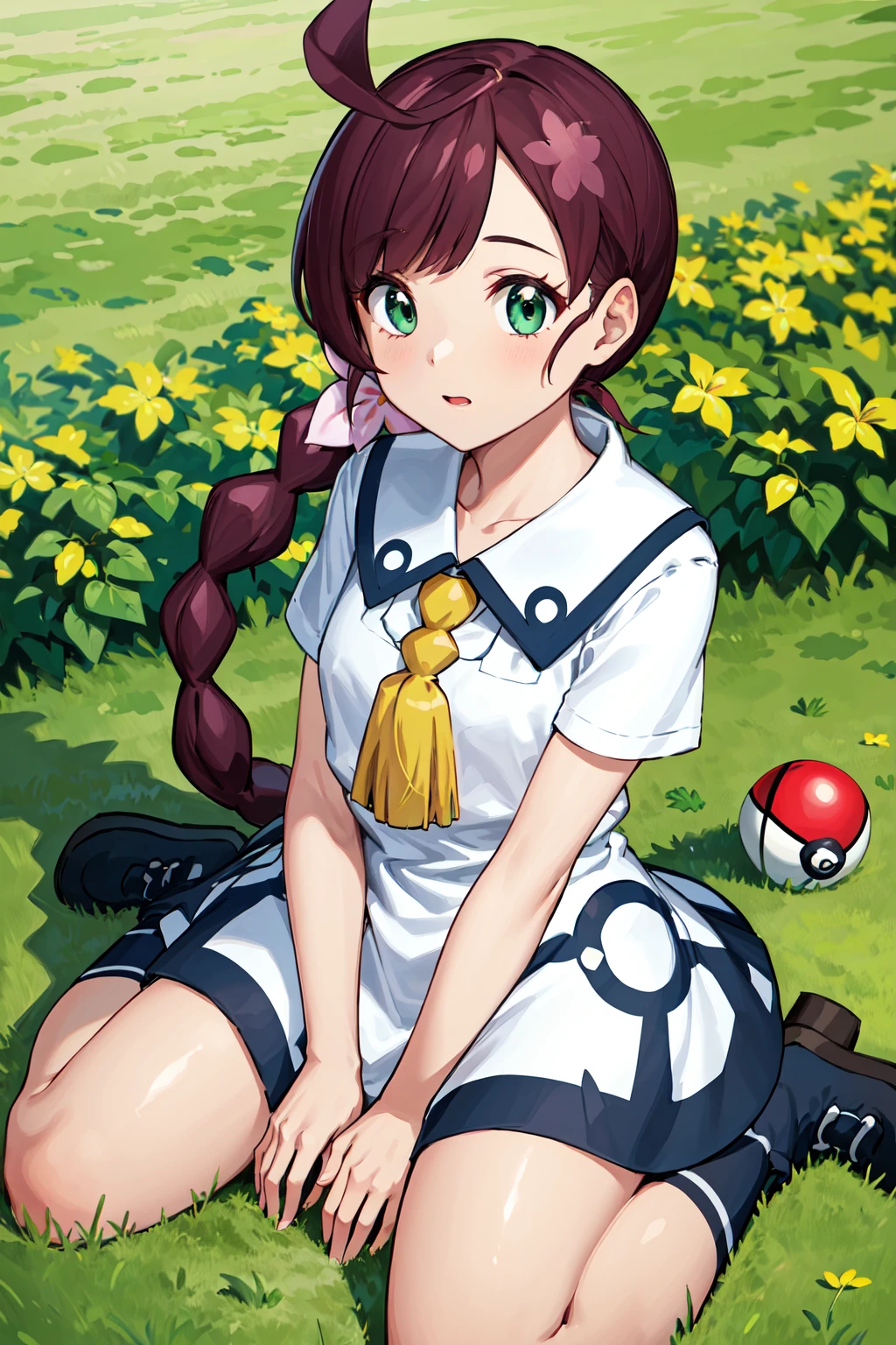 masterpiece, best quality, highres, chl1, 1girl, braided_ponytail, (ahoge:1.1), dress, school uniform, white dress, collared dress, collarbone, eyelashes, short sleeves, neck tassel, <lora:chloe_(pokemon)_v5:0.6>, wariza, sitting, grass, garden, poke ball \(basic\),