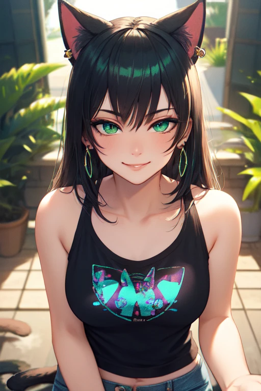 (masterpiece, best quality, ultra-detailed, highres),perfect face, sidelighting, lustrous skin,(bloom), (shine), ray tracing, sci-fi, 1girl, solo, wearing a band tshirt, denim jeans, (cat ears, animal ears), (holographic green eyes),earrings, long_hair,(mature),depth_of_field,very detailed background,extreme light and shadow,(detailed eyes), (beautiful) beautiful detailed eyes, (seductive smirk), island scene background, perfect lighting , perfect anatomy, upper body ,close up , pov