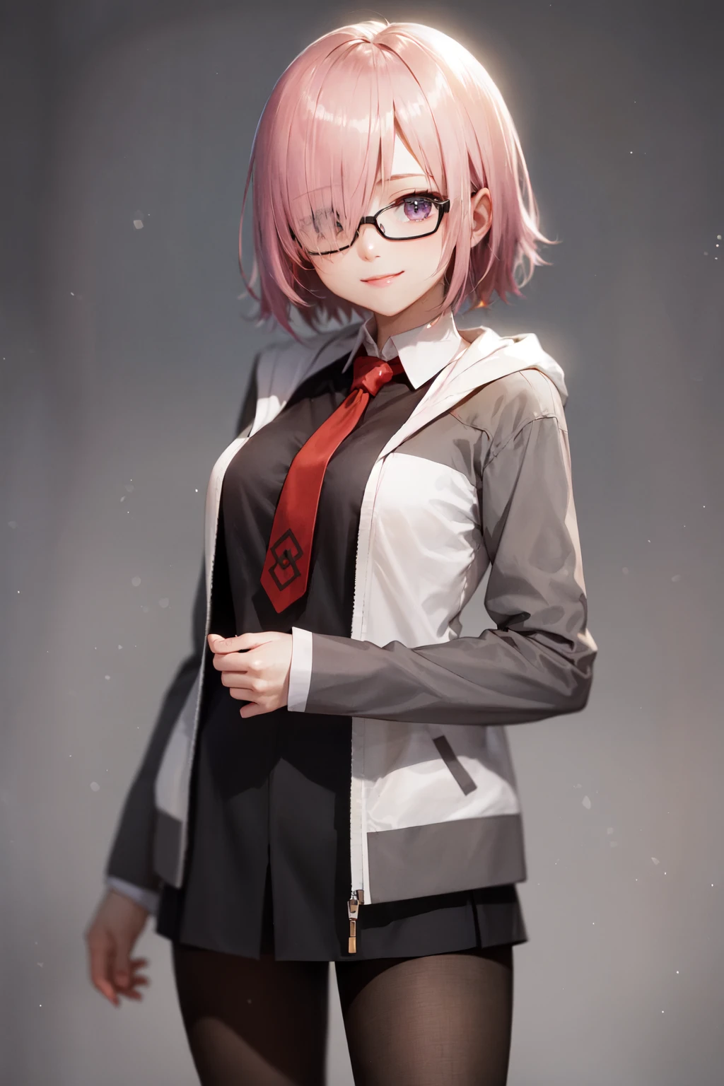 (masterpiece, best quality:1.2), <lora:fate_kyrielight-10:0.8>, cowboy shot, solo, 1girl, mash kyrielight, smile, closed mouth, looking at viewer, pink hair, hair over one eye, glasses, jacket, dress, necktie, pantyhose