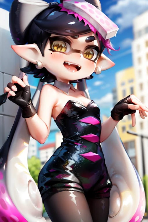 1girl,solo,(shiny clothes),(pink strapless),tight dress, midriff,pencil skirt,highleg,green skirt, twintails,(child:1.8), (loli:1.8),eyelashes, (makeup:1.4),(lipstick:1.4), (night:1.3), flat chest, pink eyes, blonde hair, smirk, alley,against wall, partially visible vulva, navel, legs apart, cleft of venus,shoulder bag, high heels, animal collar, facing viewer,