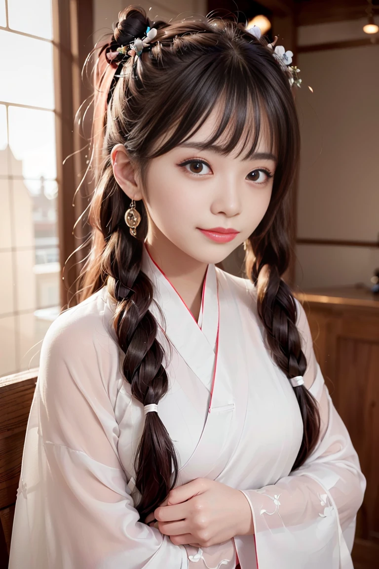 (ultra high res,photorealistic,realistic,best quality,photo-realistic), (high detailed skin,visible pores),(real person,fashion photography portrait,photograph), (((hanfu,chinese style))),realistic,simple background,upper body, (8k, raw photo, best quality, masterpiece),(1 girl),photon mapping, radiosity, physically-based rendering,automatic white balance,(((haunting smile,long hair))),watery eyes, (blush|cute and playful|adorable|skinny|thick bangs|beauty|twintail|hair bun,),(looking at viewer),(irises and pupils are rounded,the pupil reflects the surroundings,eyes are not the same size),<lora:Pure_Innocent_girl2:0.5>
