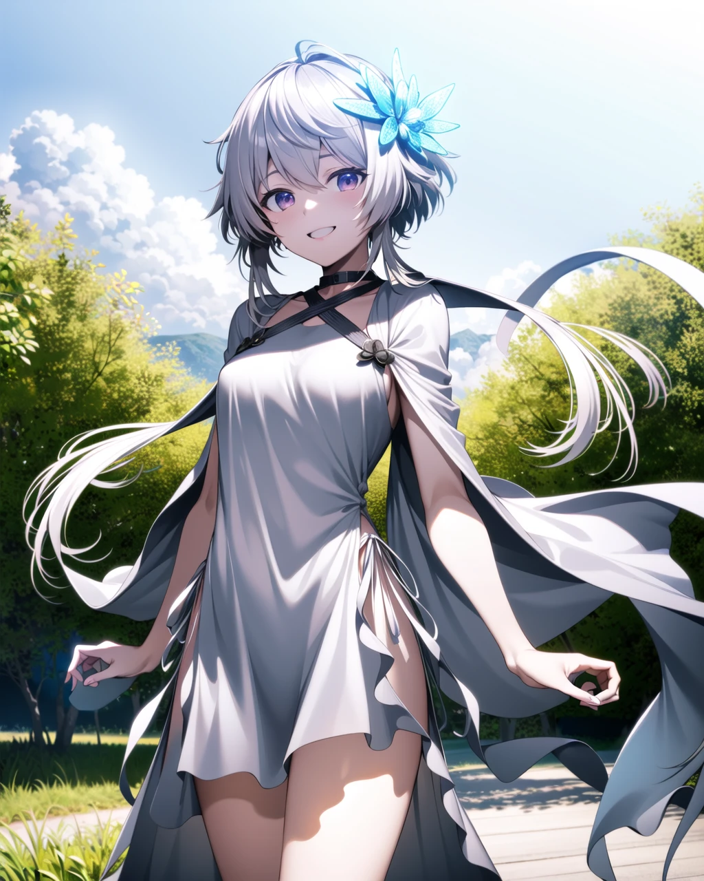 ((masterpiece)), ((best quality)), ((highres)), ((detailed background)), ((extremely detailed CG unity 8k wallpaper)), solo, <lora:philia:1>, philia, outdoors, sunny, smile, hair ornament,