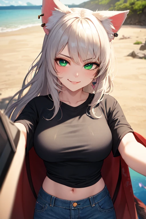 (masterpiece, best quality, ultra-detailed, highres),perfect face, sidelighting, lustrous skin,(bloom), (shine), ray tracing, sci-fi, 1girl, solo, wearing a band tshirt, denim jeans, (cat ears, animal ears), (holographic green eyes),earrings, long_hair,(mature),depth_of_field,very detailed background,extreme light and shadow,(detailed eyes), (beautiful) beautiful detailed eyes, (seductive smirk), island scene background, perfect lighting , perfect anatomy, upper body ,close up , pov