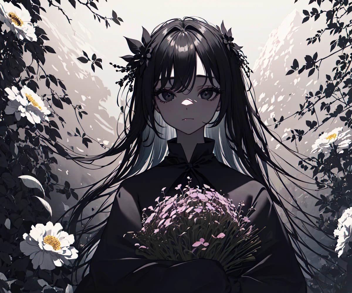 (best quality, masterpiece), (1girl, solo, black suit, standing , looking at viewer, long hair, black eyes, closed mouth, upper body), (giant black bouquet background, floral_background)